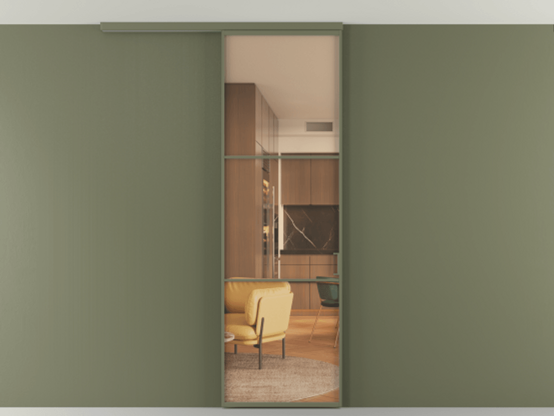 Перегородка Формато вдоль стены на потолок 1 створка АЛПР 040.03 Алюминий оливковый тёмный Прозрачное оранжевое стекло, триплекс Цена 5000 AZE | Volhovec