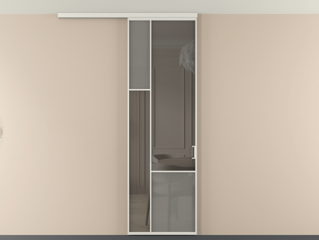 Перегородка Мозаик вдоль стены на потолок 1 створка АЛПР 041.13 Алюминий серый Сатинированное серое стекло, триплекс, 6 мм + Прозрачное серое стекло, триплекс Цена 7040 AZE | Volhovec