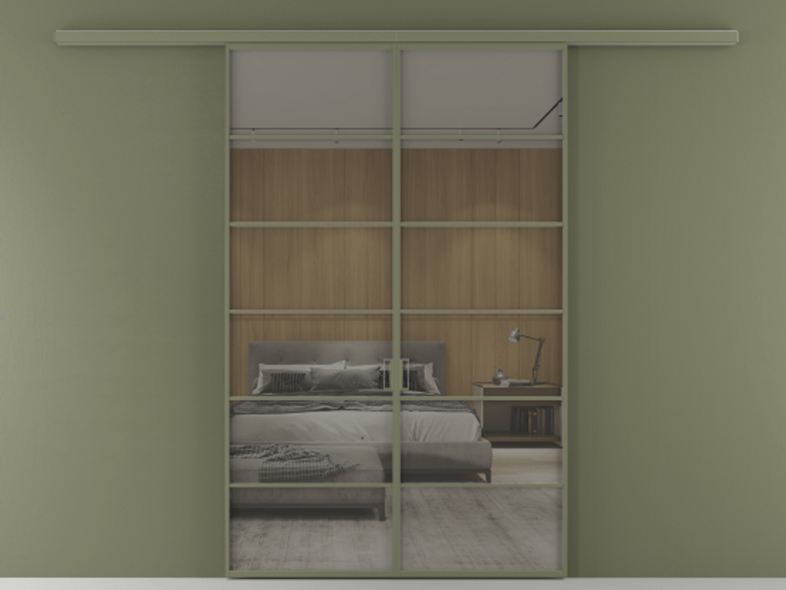 Перегородка Формато вдоль стены 2 створки АЛПР 040.04 Алюминий оливковый тёмный Рефлективное серое стекло "Стопсол", калёное Цена 13790 AZE | Volhovec