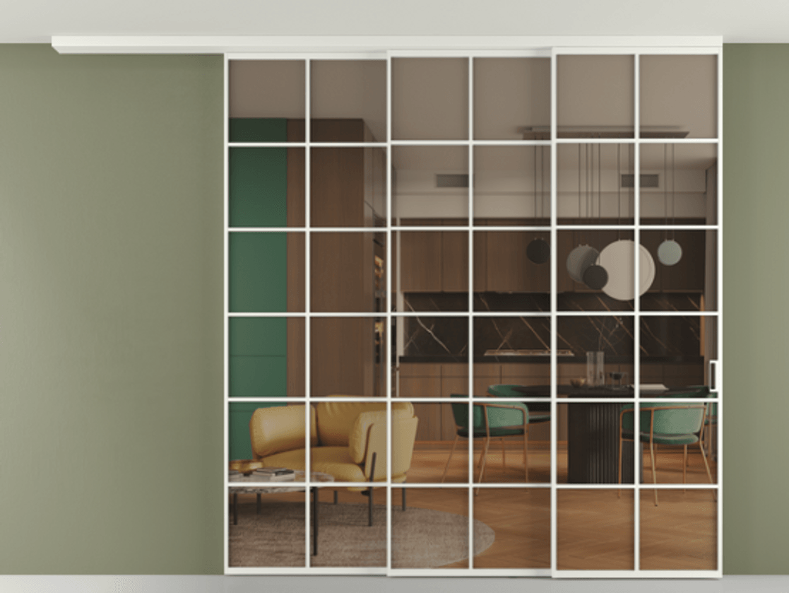 Перегородка Формато вдоль стены на потолок 3 створки с синхронным механизмом АЛПР 040.05 Алюминий светло-серый Прозрачное бронзовое стекло, триплекс Цена 21021 AZE | Volhovec