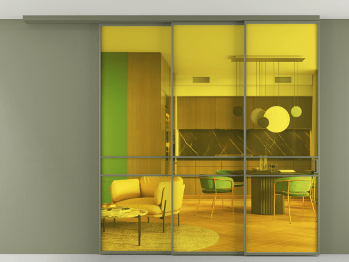 Перегородка Formato вдоль стены на потолок 3 створки с синхронным механизмом АЛПР 040.02 Алюминий оливковый тёмный Прозрачное жёлтое стекло, триплекс Цена 20700 AZE | Volhovec