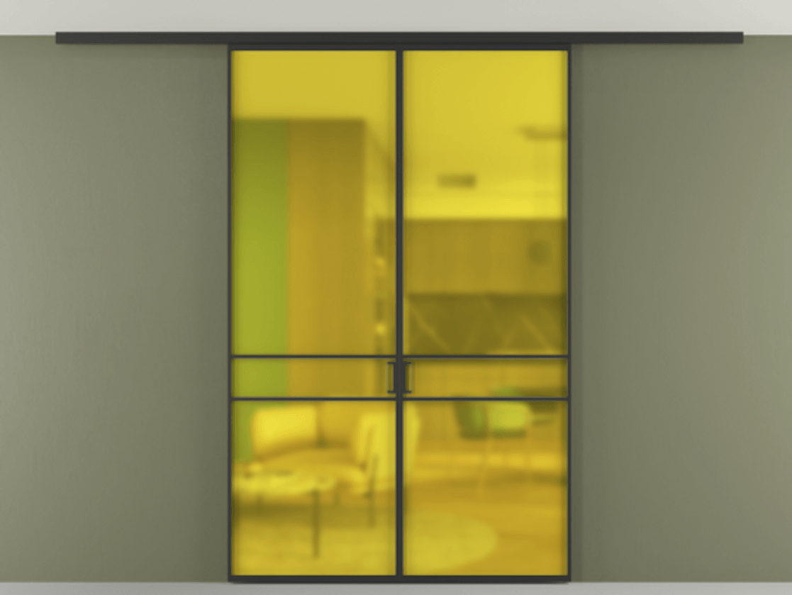 Перегородка Формато вдоль стены на потолок 2 створки АЛПР 040.02 Алюминий Черный Сатинированное жёлтое стекло, триплекс Цена 9400 AZE | Volhovec