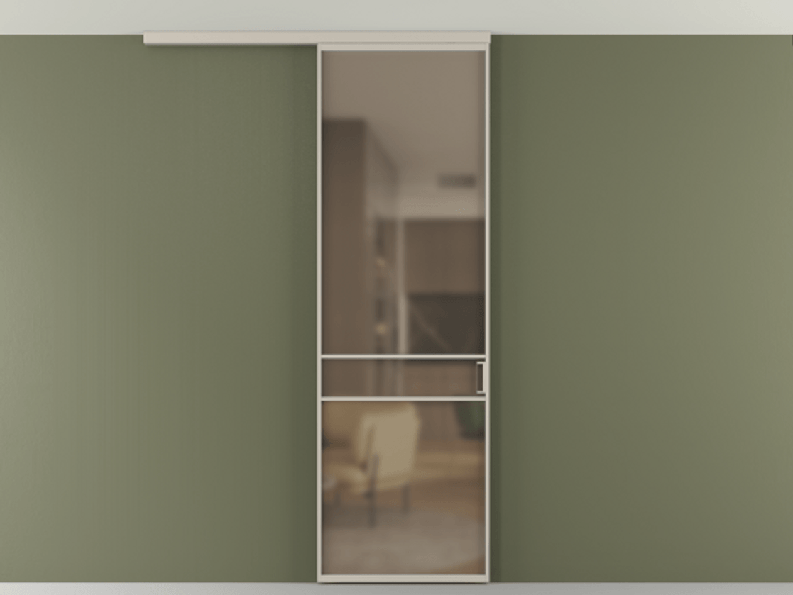 Перегородка Formato вдоль стены на потолок 1 створка АЛПР 040.02 Алюминий светло-бежевый Сатинированное бронзовое стекло, триплекс Цена 5050 AZE | Volhovec