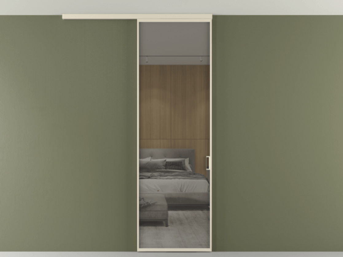 Перегородка Формато вдоль стены на потолок 1 створка АЛПР 040.01 Алюминий бежево-серый Рефлективное серое стекло "Стопсол", калёное Цена 6230 AZE | Volhovec