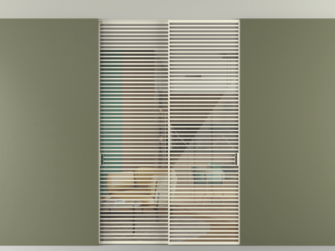 Перегородка Формато внутри проёма скрытое крепление в потолок 2 створки АЛПР 040.07 Алюминий молочно-белый Рефлективное прозрачное стекло "Стопсол", калёное Цена 27160 AZE | Volhovec