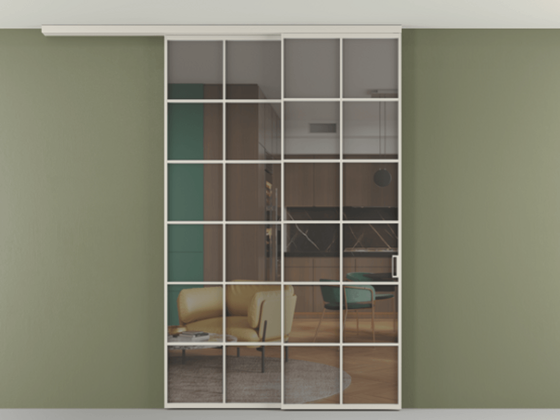 Перегородка Формато вдоль стены на потолок 2 створки с синхронным механизмом АЛПР 040.05 Алюминий облачно-серый Прозрачное серое стекло, триплекс Цена 15210 AZE | Volhovec