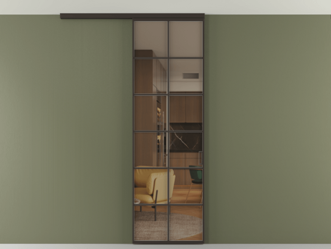 Перегородка Формато вдоль стены на потолок 1 створка АЛПР 040.05 Алюминий антрацит Прозрачное бронзовое стекло, триплекс Цена 5620 AZE | Volhovec