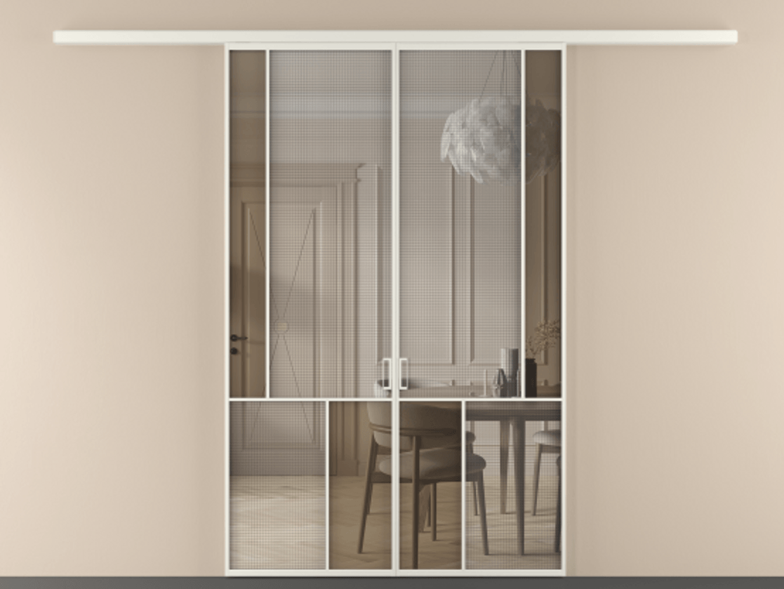 Перегородка Mosaic вдоль стены двустворчатая АЛПР 041.21 Алюминий Белый Декоративное стекло с сеткой "Mesh silver", триплекс, 6 мм + Прозрачное бронзовое стекло, триплекс, 6 мм Цена 13110 AZE | Volhovec