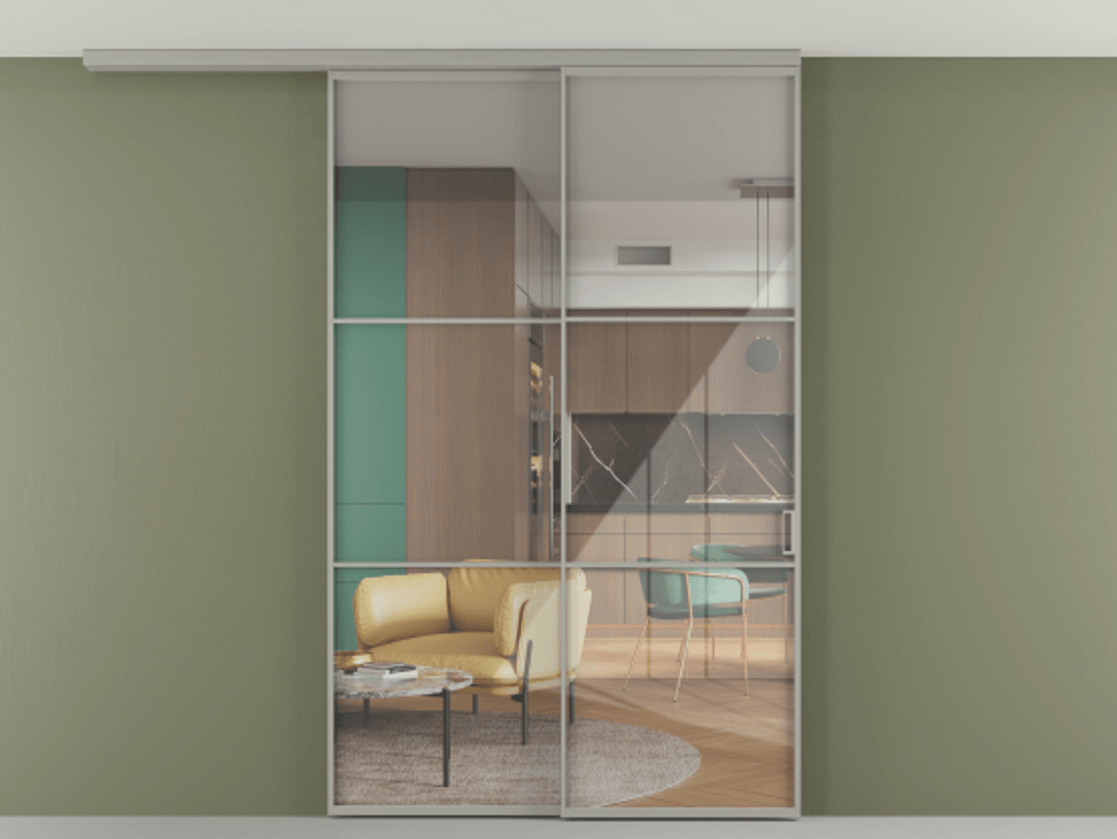 Перегородка Формато вдоль стены на потолок 2 створки с синхронным механизмом АЛПР 040.03 Алюминий нейтральный серый Рефлективное прозрачное стекло "Стопсол", калёное. Цена 15160 AZE 1. Полотно 2 шт. (800/2100 мм)
2. Комплект установки раздвижной системы
3. Базовый комплект фурнитуры
4.Ручка Рондо. Фабрика дверей Волховец 8 (800) 551 43 19 Перегородка Формато вдоль стены на потолок 2 створки с синхронным механизмом АЛПР 040.03 Алюминий нейтральный серый Рефлективное прозрачное стекло "Стопсол", калёное Цена 15160 AZE | Volhovec