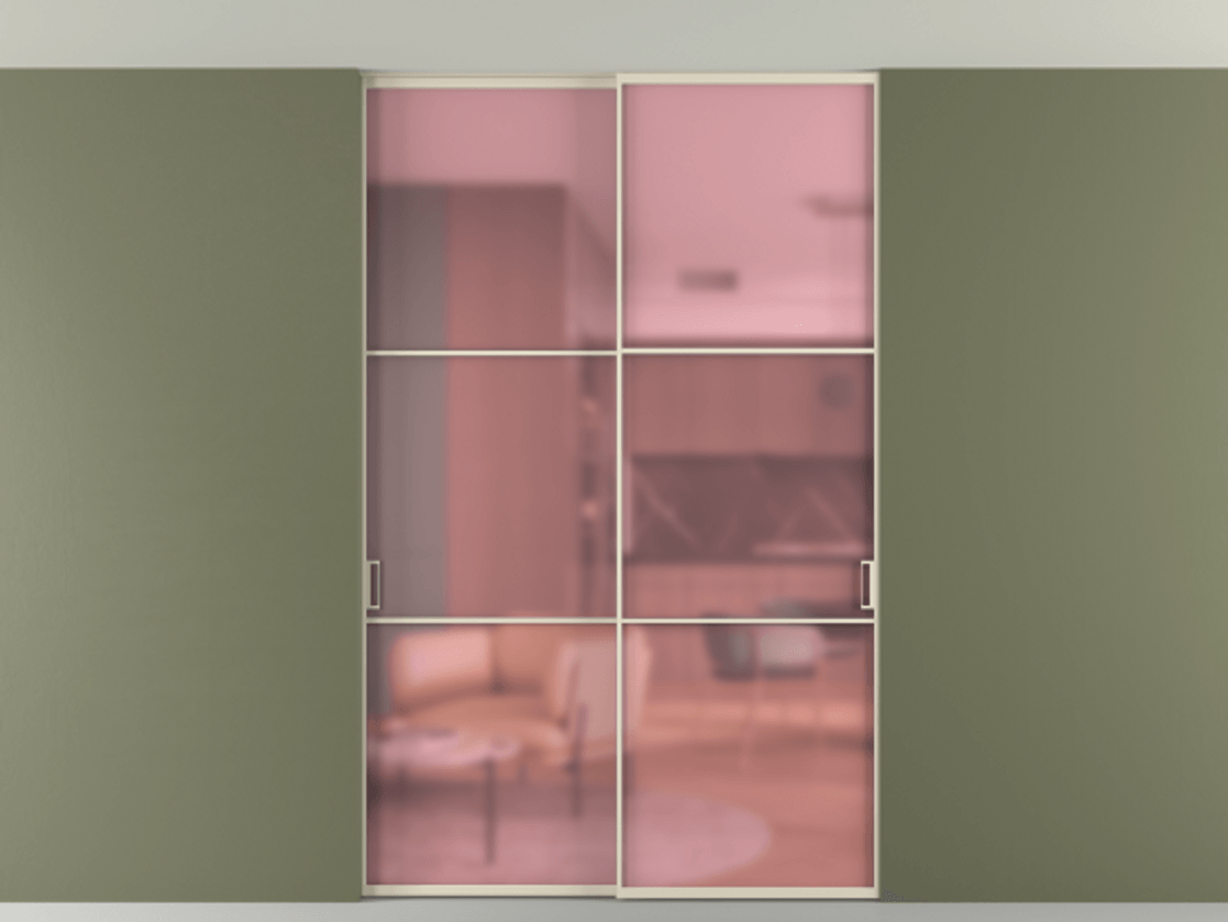 Перегородка Формато внутри проёма скрытое крепление в потолок 2 створки АЛПР 040.03 Алюминий бежево-серый Сатинированное розовое стекло, триплекс Цена 12900 AZE | Volhovec