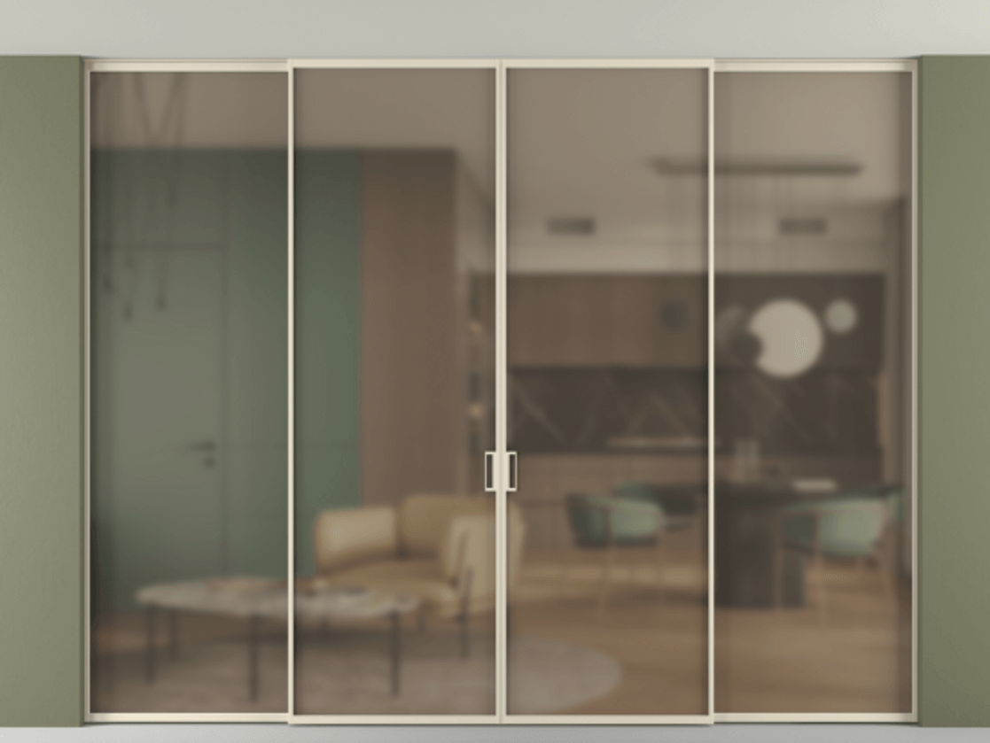 Перегородка Формато внутри проёма скрытое крепление в потолок 4 створки АЛПР 040.01 Алюминий бежево-серый Сатинированное бронзовое стекло, триплекс Цена 22030 AZE | Volhovec