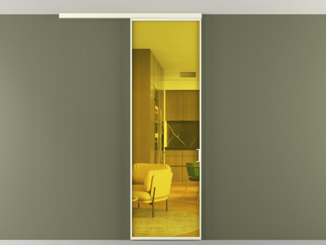 Перегородка Formato вдоль стены на потолок 1 створка АЛПР 040.01 Алюминий молочно-белый Прозрачное жёлтое стекло, триплекс Цена 5000 AZE | Volhovec