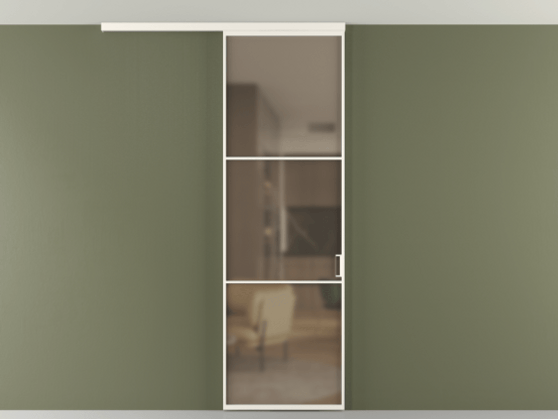 Перегородка Формато вдоль стены на потолок 1 створка АЛПР 040.03 Алюминий пудровый белый Сатинированное бронзовое стекло, триплекс Цена 5050 AZE | Volhovec