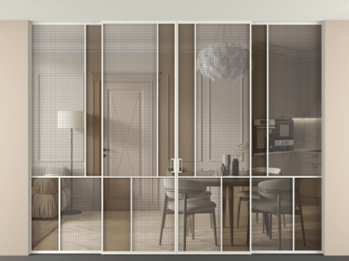 Перегородка Mosaic внутри проёма скрытое крепление в потолок 4 створки АЛПР 041.20 Алюминий Белый Декоративное стекло с сеткой "Mesh silver", триплекс, 6 мм + Прозрачное бронзовое стекло, триплекс. Скрытый короб БЕЛ Цена 628050 ₽ . Фабрика дверей Волховец 8 (800) 551 43 19 Перегородка Mosaic внутри проёма скрытое крепление в потолок 4 створки АЛПР 041.20 Алюминий Белый Декоративное стекло с сеткой "Mesh silver", триплекс, 6 мм + Прозрачное бронзовое стекло, триплекс Цена 628050 ₽ | Volhovec