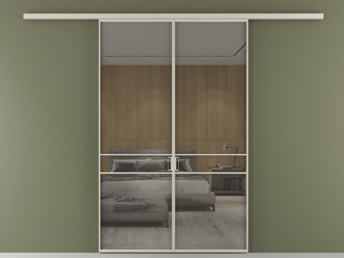 Перегородка Формато вдоль стены 2 створки АЛПР 040.02 Алюминий светло-бежевый Рефлективное серое стекло "Стопсол", калёное Цена 12980 AZE | Volhovec