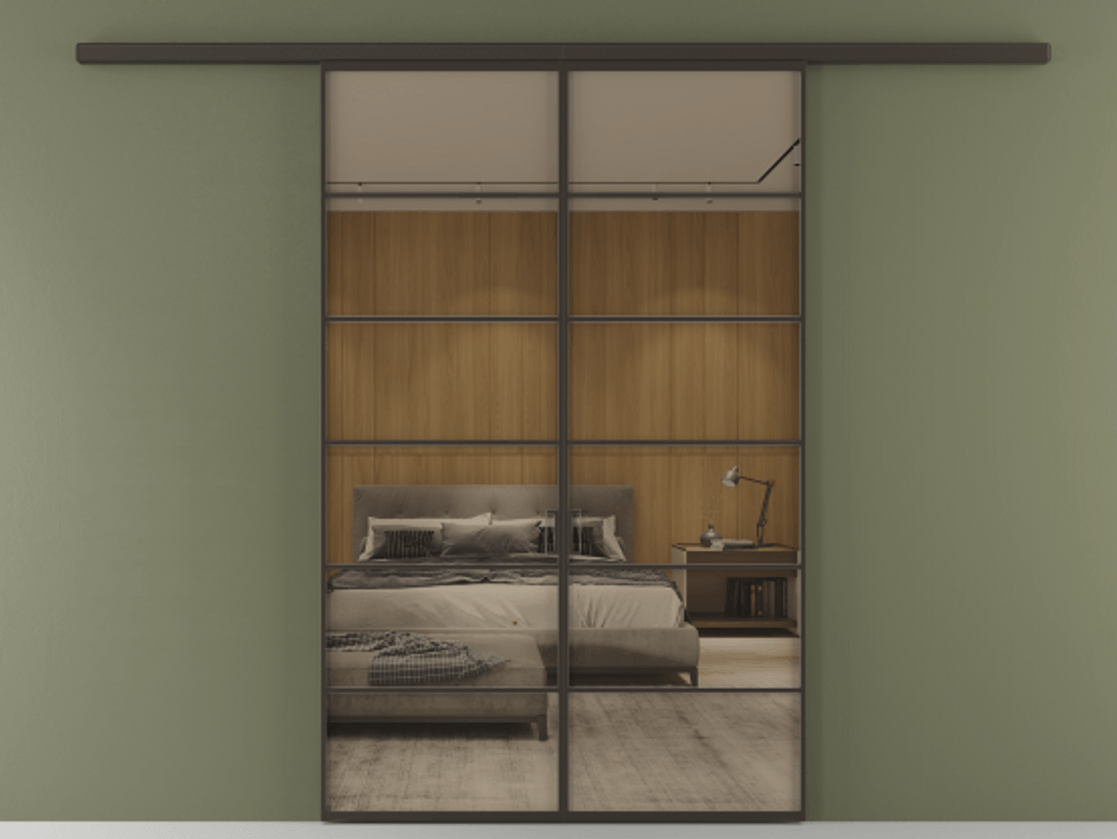 Перегородка Формато вдоль стены 2 створки АЛПР 040.04 Алюминий антрацит Рефлективное бронзовое стекло "Стопсол", калёное Цена 13790 AZE | Volhovec