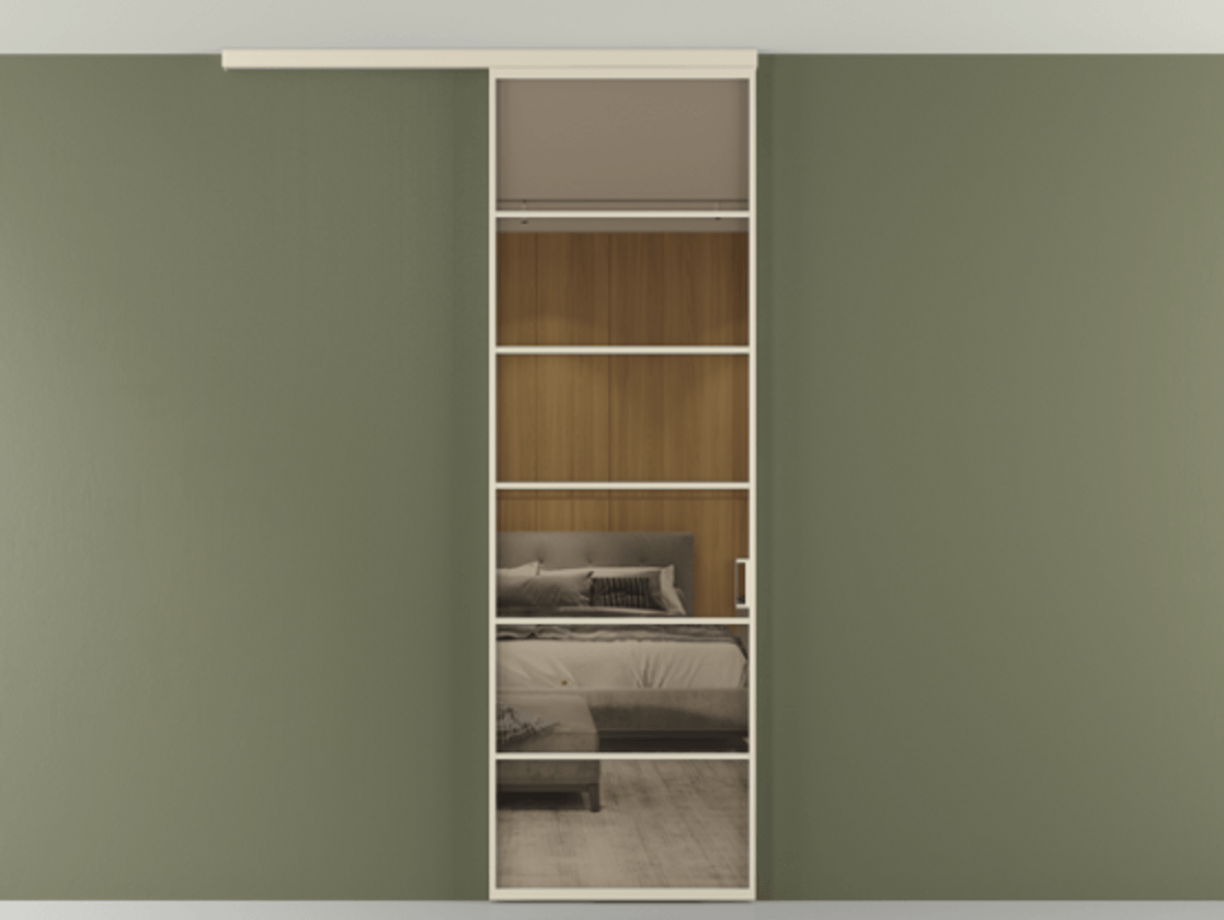 Перегородка Формато вдоль стены на потолок 1 створка АЛПР 040.04 Алюминий бежево-серый Рефлективное бронзовое стекло "Стопсол", калёное Цена 6990 AZE | Volhovec