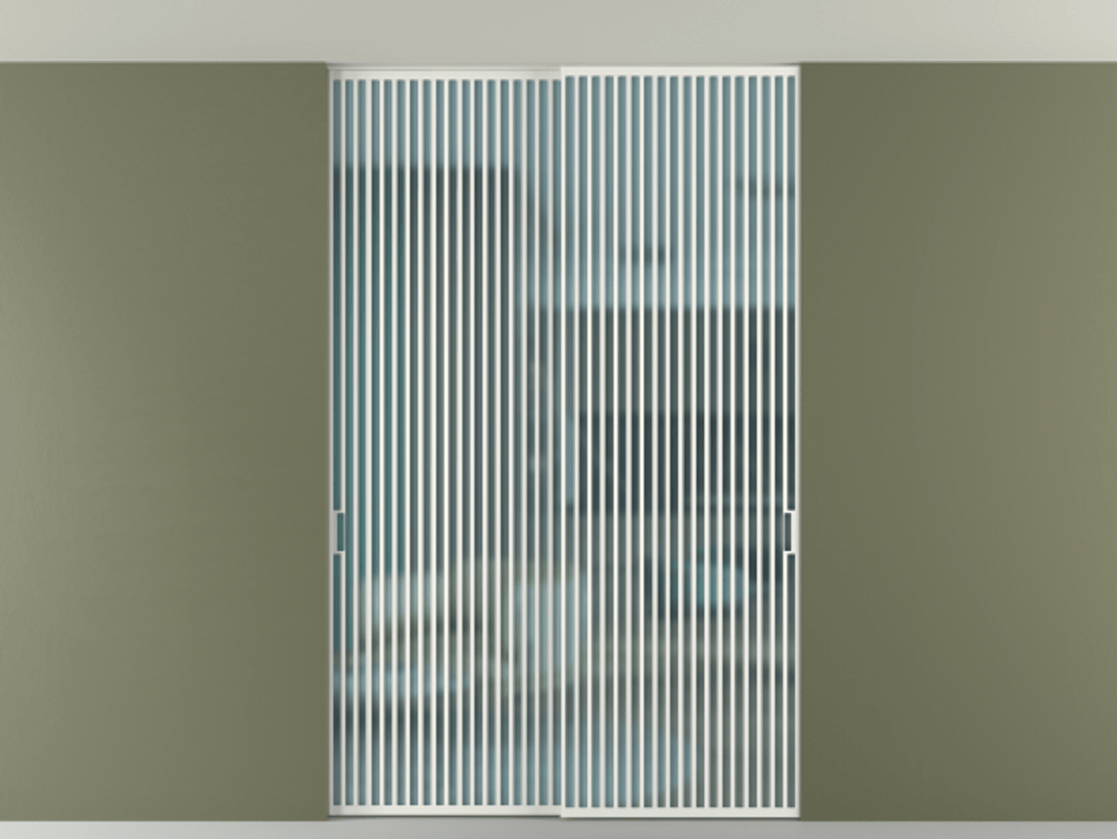 Перегородка Формато внутри проёма скрытое крепление в потолок 2 створки АЛПР 040.06 Алюминий светло-серый Сатинированное голубое стекло, триплекс Цена 21400 AZE | Volhovec