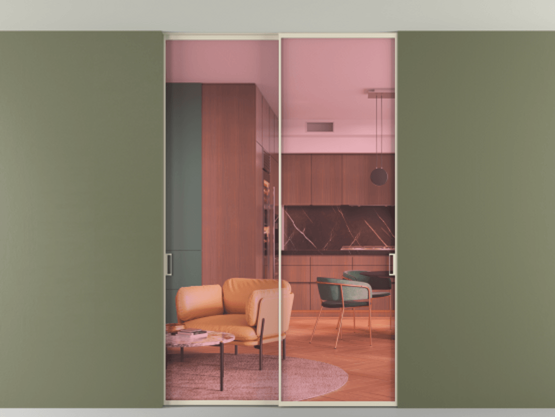 Перегородка Формато внутри проёма скрытое крепление в потолок 2 створки АЛПР 040.01 Алюминий бежево-серый Прозрачное розовое стекло, триплекс Цена 12900 AZE | Volhovec