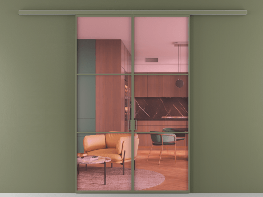 Перегородка Формато вдоль стены 2 створки АЛПР 040.03 Алюминий оливковый тёмный Прозрачное розовое стекло, триплекс Цена 10600 AZE | Volhovec