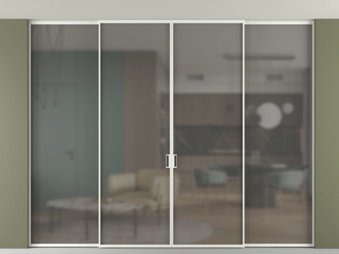 Перегородка Formato внутри проёма скрытое крепление в потолок 4 створки АЛПР 040.01 Алюминий светло-серый Сатинированное серое стекло, триплекс Цена 22030 AZE | Volhovec