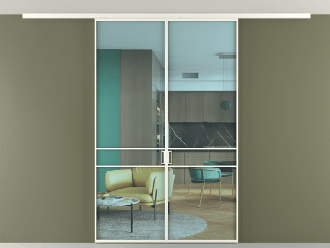 Перегородка Формато вдоль стены на потолок 2 створки АЛПР 040.02 Алюминий пудровый белый Прозрачное голубое стекло, триплекс Цена 9700 AZE | Volhovec