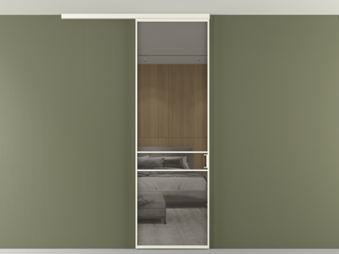 Перегородка Formato вдоль стены на потолок 1 створка АЛПР 040.02 Алюминий жемчужный Рефлективное серое стекло "Stopsol", калёное Цена 6540 AZE | Volhovec