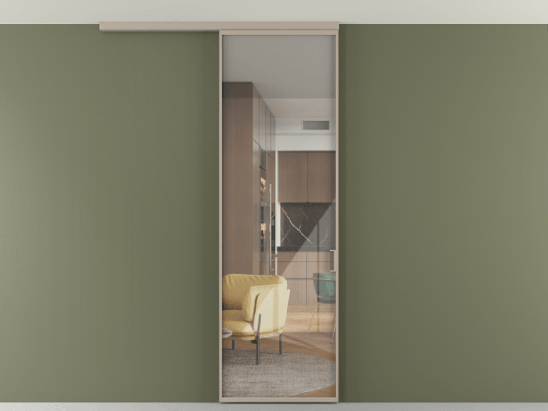 Перегородка Формато вдоль стены на потолок 1 створка АЛПР 040.01 Алюминий бисквитный Рефлективное прозрачное стекло "Стопсол", калёное Цена 5350 AZE | Volhovec