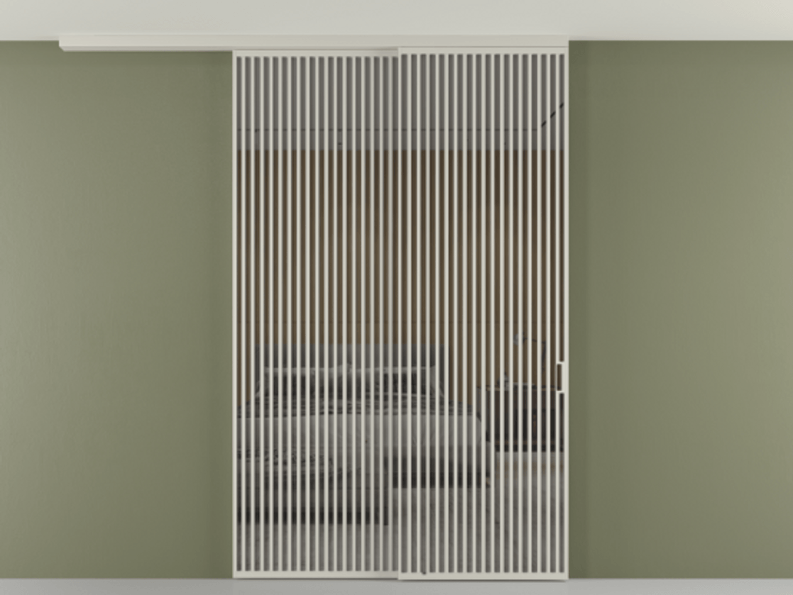 Перегородка Формато вдоль стены на потолок 2 створки с синхронным механизмом АЛПР 040.06 Алюминий тёплый серый Рефлективное серое стекло "Стопсол", калёное Цена 28280 AZE | Volhovec