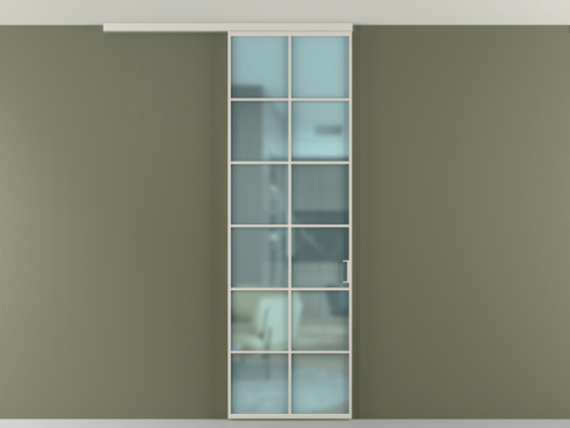 Перегородка Formato вдоль стены на потолок 1 створка АЛПР 040.05 Алюминий облачно-серый Сатинированное голубое стекло, триплекс Цена 5600 AZE | Volhovec