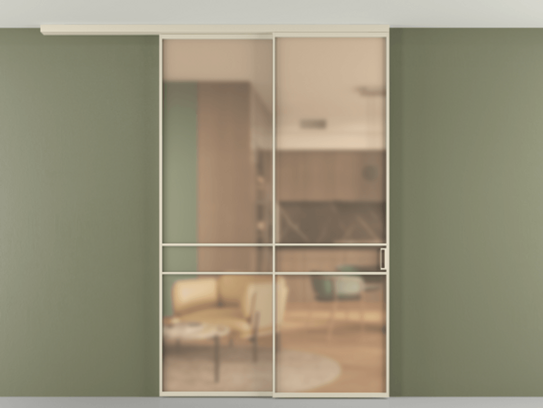 Перегородка Formato вдоль стены на потолок 2 створки с синхронным механизмом АЛПР 040.02 Алюминий бежево-серый Сатинированное оранжевое стекло, триплекс Цена 14500 AZE | Volhovec