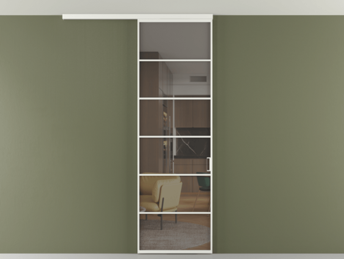 Перегородка Formato вдоль стены на потолок 1 створка АЛПР 040.04 Алюминий светло-серый Прозрачное серое стекло, триплекс Цена 103293 ₽ | Volhovec