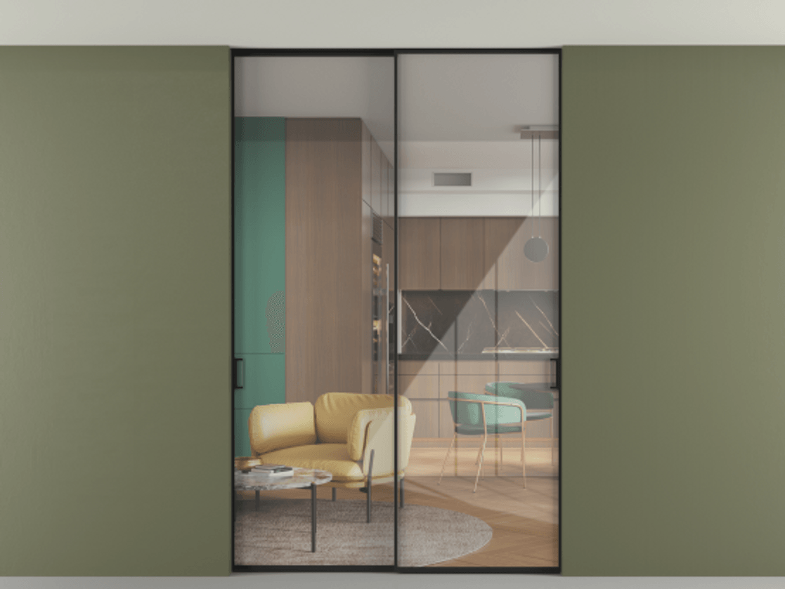 Перегородка Формато внутри проёма скрытое крепление в потолок 2 створки АЛПР 040.01 Алюминий Черный Рефлективное прозрачное стекло "Стопсол", калёное. Скрытый короб ЧЕР Цена 14920 AZE 1. Полотно 2 шт. (800/2100 мм)
2. Комплект установки раздвижной системы
3. Базовый комплект фурнитуры
4. Ручка Рондо. Фабрика дверей Волховец 8 (800) 551 43 19 Перегородка Формато внутри проёма скрытое крепление в потолок 2 створки АЛПР 040.01 Алюминий Черный Рефлективное прозрачное стекло "Стопсол", калёное Цена 14920 AZE | Volhovec