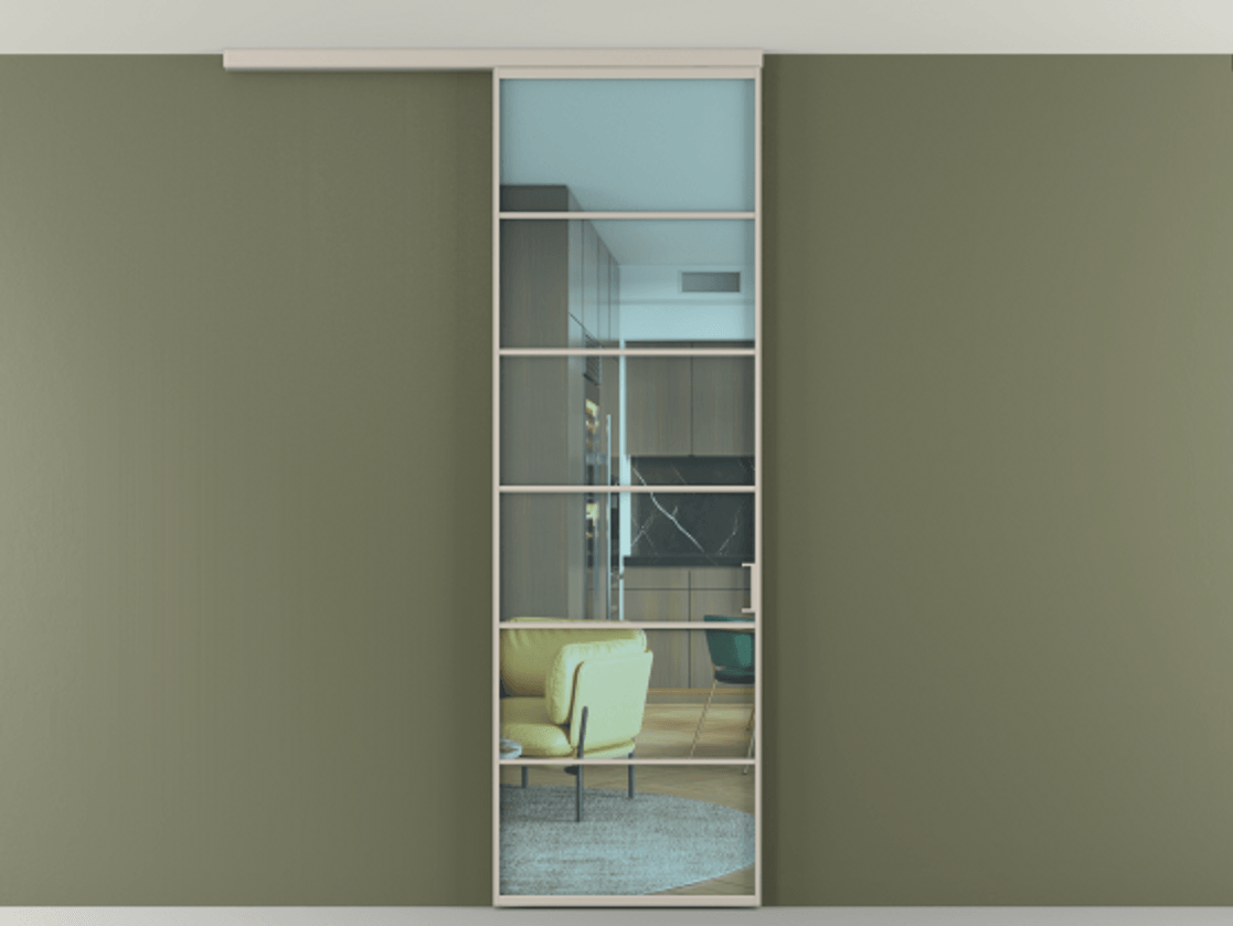 Перегородка Формато вдоль стены на потолок 1 створка АЛПР 040.04 Алюминий светло-бежевый Прозрачное голубое стекло, триплекс Цена 5400 AZE | Volhovec