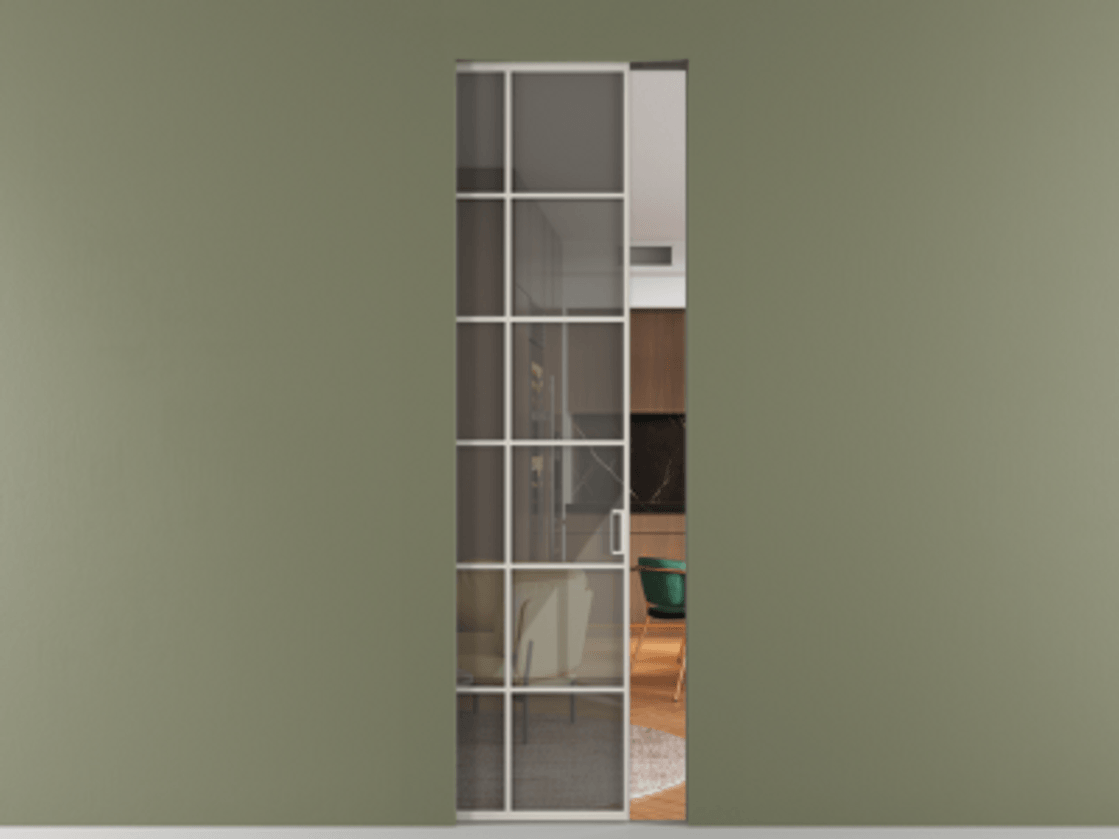 Перегородка Formato скрытый пенал 1 створка АЛПР 040.05 Алюминий облачно-серый Рефлективное серое стекло "Stopsol", калёное Цена 9700 AZE | Volhovec