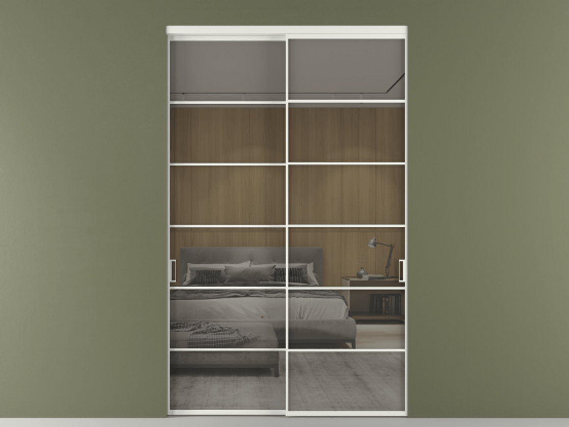 Перегородка Формато внутри проёма 2 створки АЛПР 040.04 Алюминий светло-серый Рефлективное серое стекло "Стопсол", калёное Цена 25740 AZE  | Volhovec