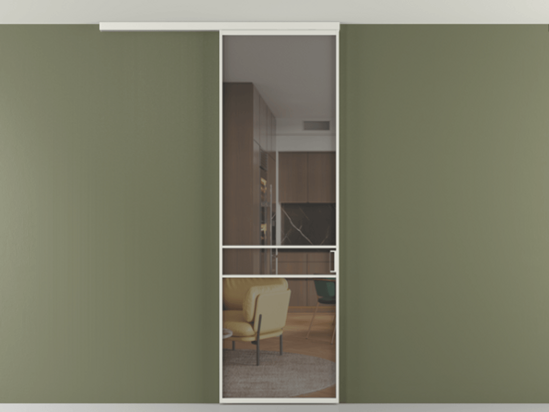 Перегородка Формато вдоль стены на потолок 1 створка АЛПР 040.02 Алюминий серый Прозрачное серое стекло, триплекс Цена 5050 AZE | Volhovec