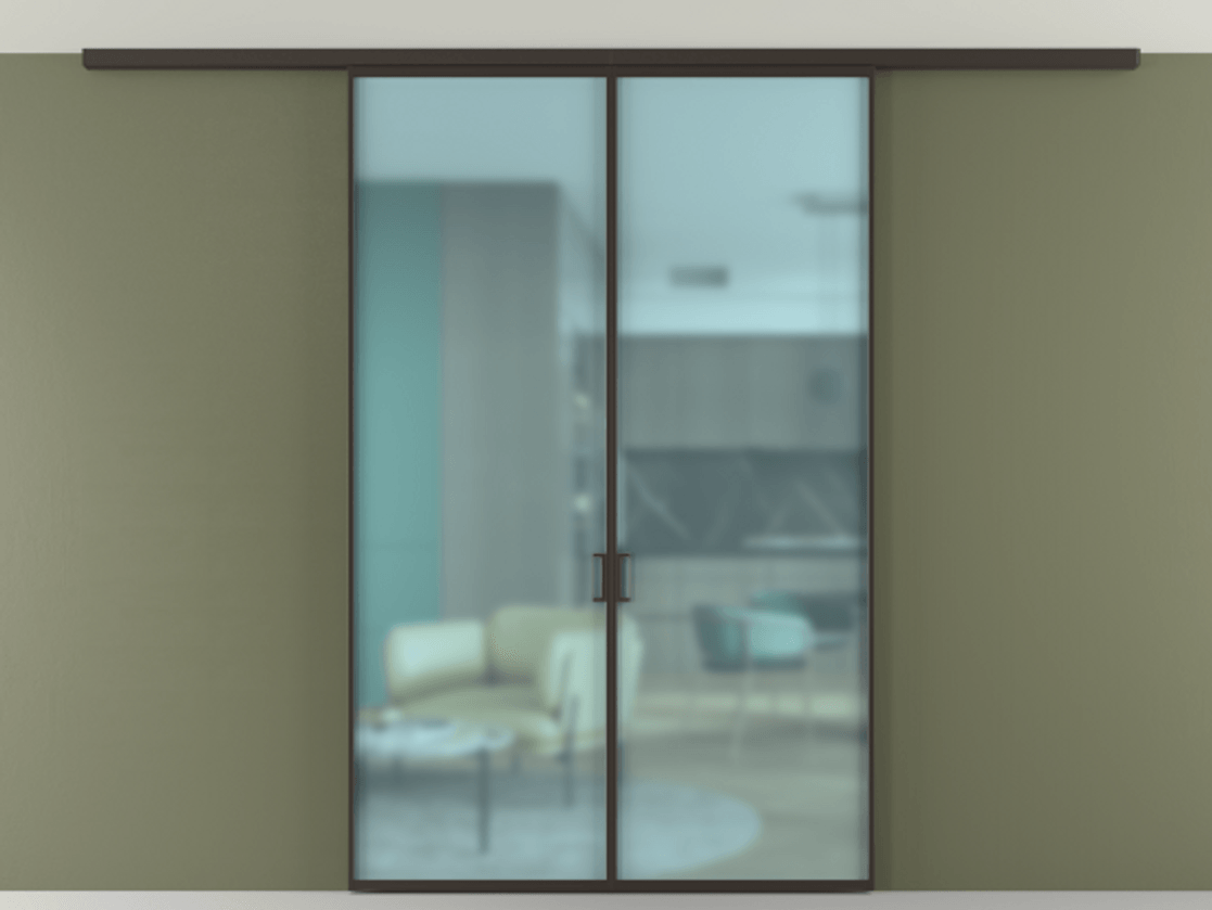 Перегородка Формато вдоль стены на потолок 2 створки АЛПР 040.01 Алюминий антрацит Сатинированное голубое стекло, триплекс Цена 9300 AZE | Volhovec