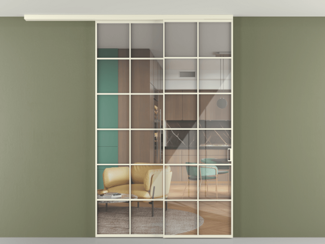 Перегородка Формато вдоль стены на потолок 2 створки с синхронным механизмом АЛПР 040.05 Алюминий молочно-белый Рефлективное прозрачное стекло "Стопсол", калёное Цена 15870 AZE | Volhovec