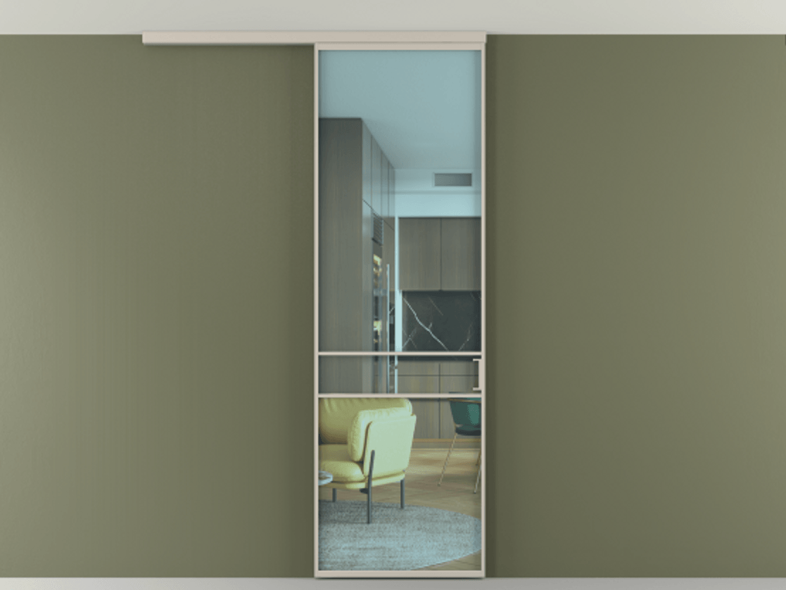 Перегородка Формато вдоль стены на потолок 1 створка АЛПР 040.02 Алюминий светло-бежевый Прозрачное голубое стекло, триплекс Цена 5300 AZE | Volhovec