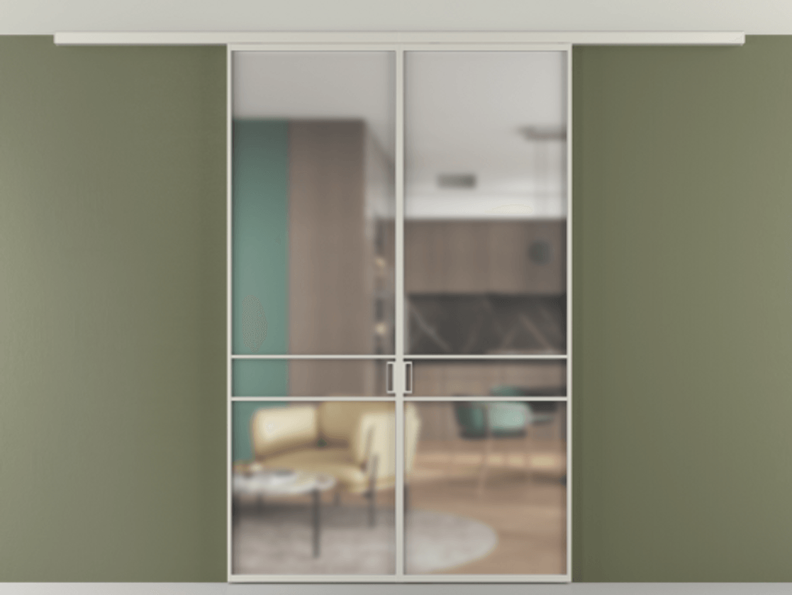 Перегородка Формато вдоль стены на потолок 2 створки АЛПР 040.02 Алюминий тёплый серый Сатинированное стекло "Мателюкс Кристал Вижн", калёное, матовое, каленое 6 мм Цена 12710 AZE | Volhovec