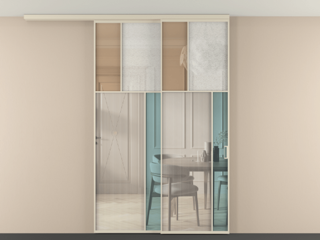 Перегородка Mosaic вдоль стены на потолок 2 створки с синхронным механизмом АЛПР 041.23 Алюминий бежево-серый Комбинация стекол Группы 1 и Группы 3 Цена 358080 ₽ | Volhovec