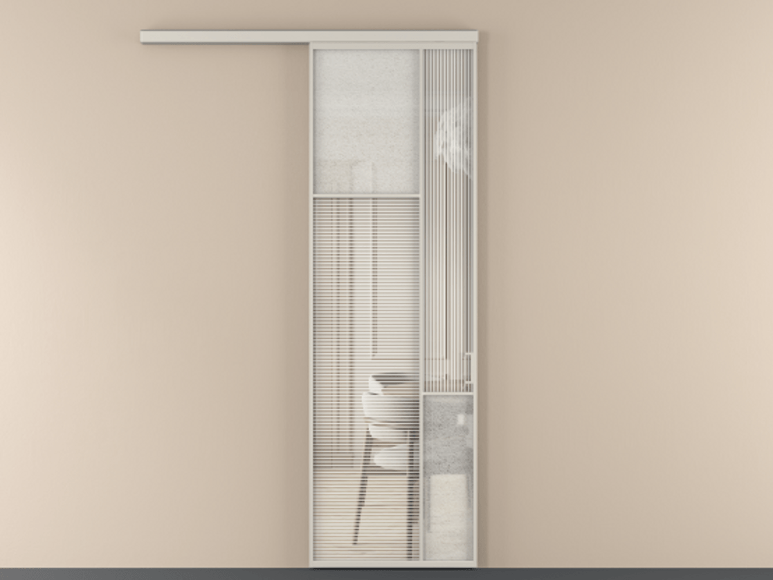 Перегородка Mosaic вдоль стены 1 створка АЛПР 041.10 Алюминий облачно-серый Рифлёное стекло "Дюна", триплекс, 6 мм + Фактурное стекло "Лёд", триплекс Цена 7560 AZE | Volhovec