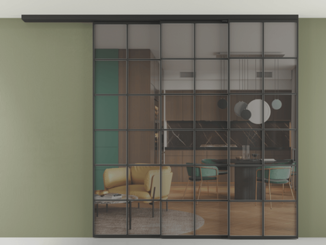 Перегородка Формато вдоль стены на потолок 3 створки с синхронным механизмом АЛПР 040.05 Алюминий Черный Прозрачное серое стекло, триплекс Цена 20010 AZE | Volhovec