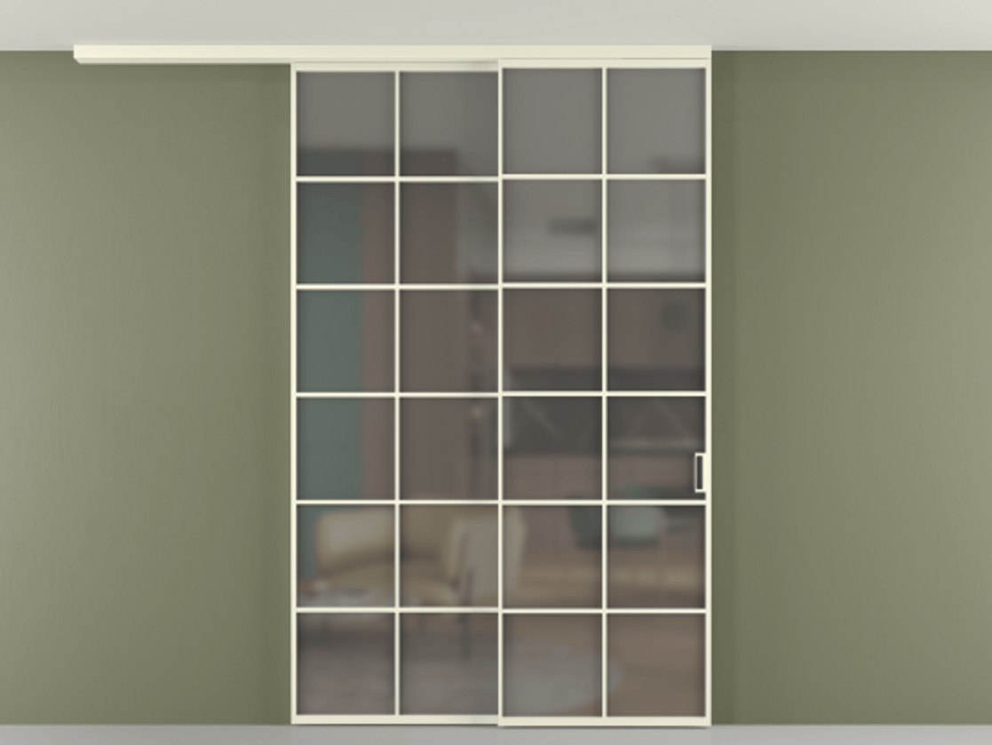 Перегородка Формато вдоль стены на потолок 2 створки с синхронным механизмом АЛПР 040.05 Алюминий молочно-белый Сатинированное серое стекло, триплекс Цена 15210 AZE | Volhovec