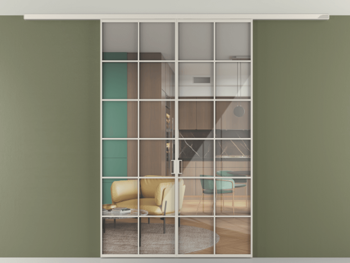 Перегородка Формато вдоль стены на потолок 2 створки АЛПР 040.05 Алюминий облачно-серый Рефлективное прозрачное стекло "Стопсол", калёное Цена 11541 AZE | Volhovec