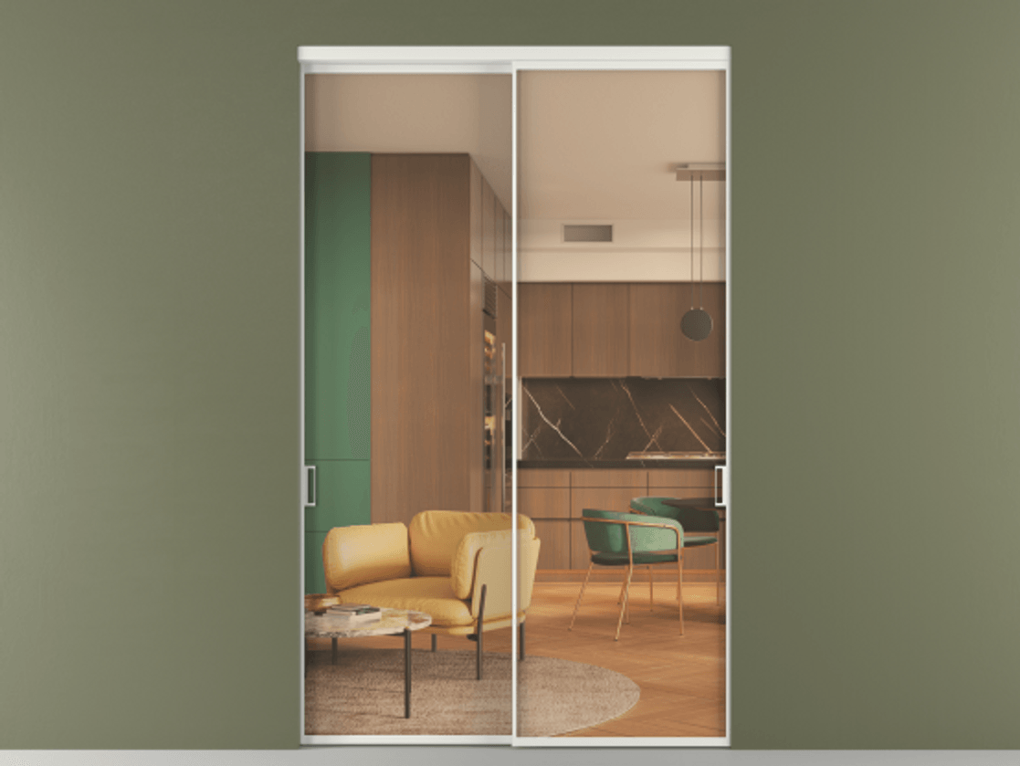 Перегородка Formato внутри проёма 2 створки АЛПР 040.01 Алюминий светло-серый Прозрачное оранжевое стекло, триплекс Цена 22100 AZE  | Volhovec