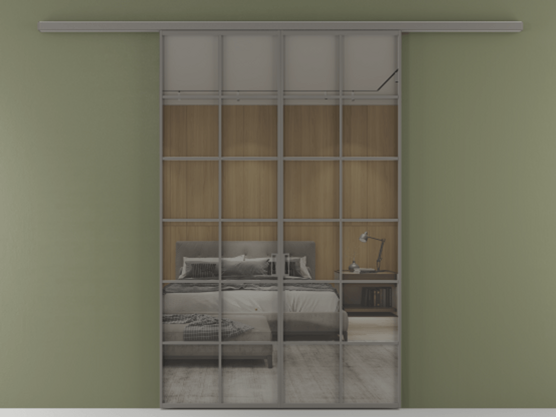 Перегородка Формато вдоль стены 2 створки АЛПР 040.05 Алюминий классический серый Рефлективное серое стекло "Стопсол", калёное Цена 13790 AZE | Volhovec