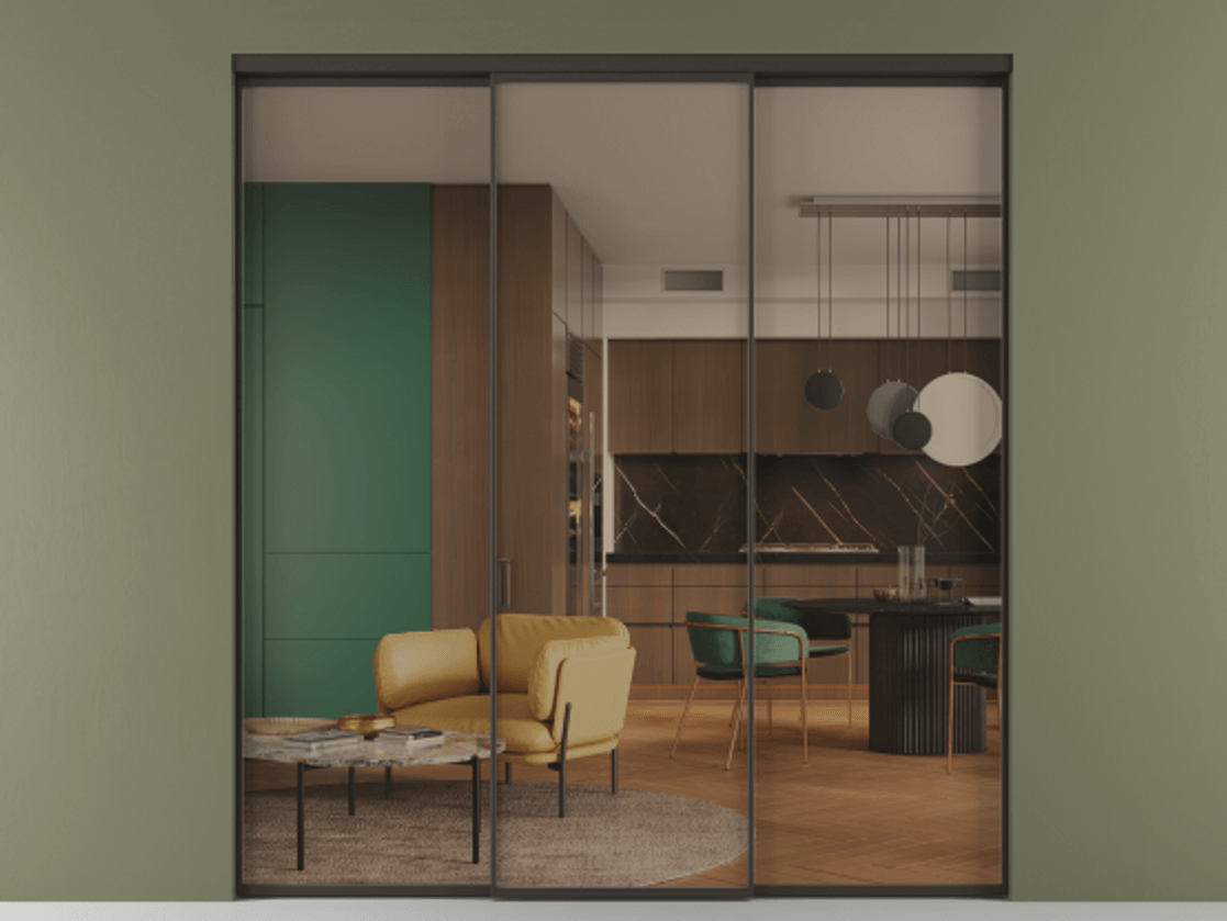 Перегородка Формато внутри проёма 3 створки АЛПР 040.01 Алюминий антрацит Прозрачное бронзовое стекло, триплекс Цена 11730 AZE | Volhovec