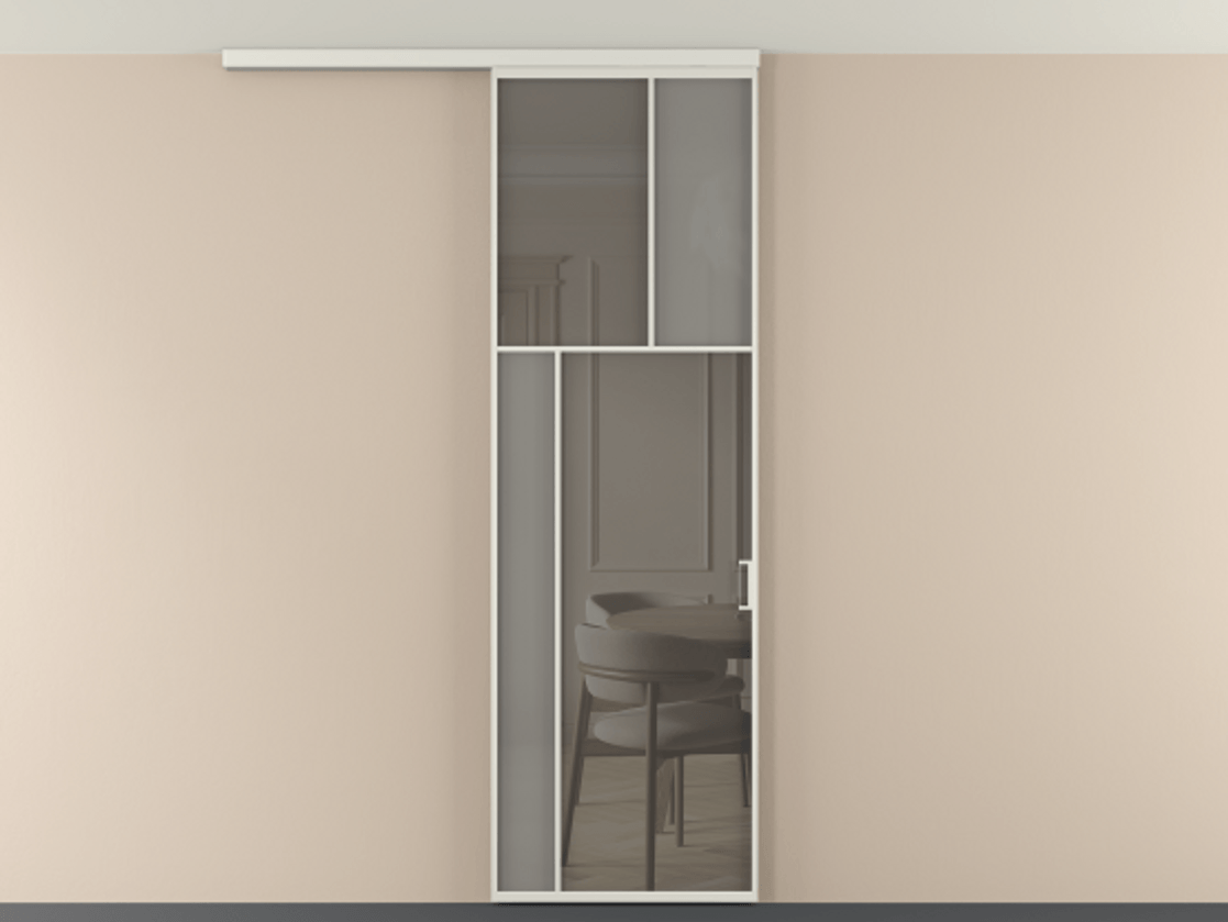 Перегородка Мозаик вдоль стены на потолок 1 створка АЛПР 041.22 Алюминий серый Сатинированное серое стекло, триплекс, 6 мм + Прозрачное серое стекло, триплекс Цена 7040 AZE | Volhovec